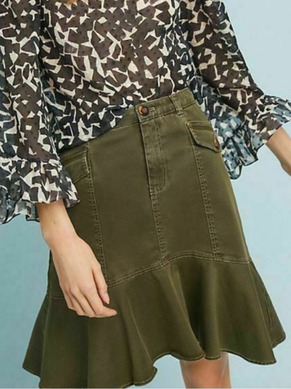 Maeve by Anthropologie Olive Green Utility Ruffle Hem Skirt Size 6 - Picture 1 of 5
